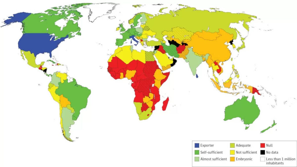 Mapa mundial mostrando a oferta e demanda de transplantes de córnea para 148 países.