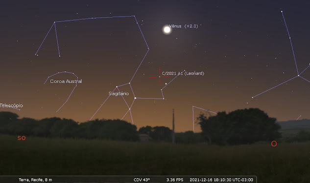 Simulação do céu de Recife no dia 16 de dezembro, logo após o pôr do Sol. O cometa Leonard estará logo abaixo do Planeta Vênus, na constelação de Sagitário.